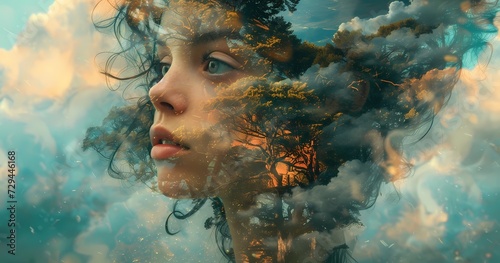 A hauntingly beautiful portrait of a woman's face, surrounded by the whimsical play of clouds and the serene majesty of trees, captured in a masterful painting that evokes a sense of ethereal wonder