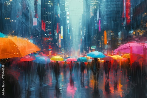 A bustling cityscape is transformed into a glowing canvas of colorful reflections as a group of people brave the rainy night with their umbrellas