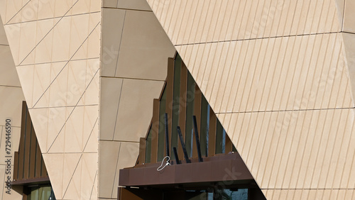 Photography London, UK, 25 January 2024: Closeup a modern building with interesting architec