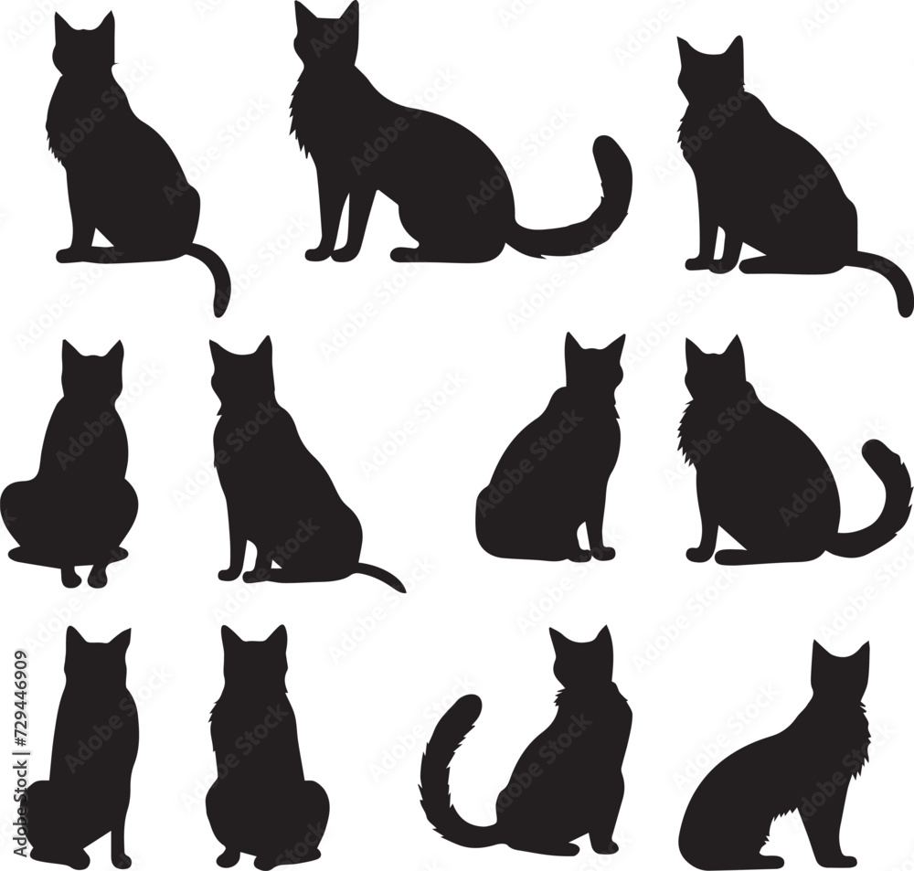 Set of black funny cats in different poses