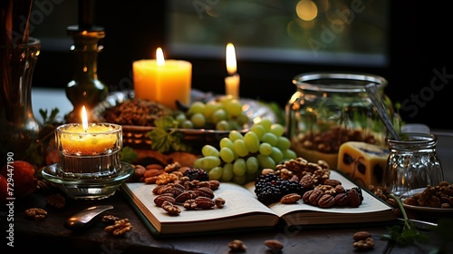 Festive Christmas table with holiday food and candlelight, cozy celebration
