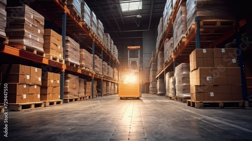 Organized logistics, Hand pallet truck carrying cardboard boxes in storehouse