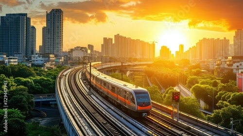 Passenger subway train traveling at a city in sunset.