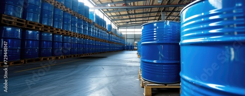 Large blue barrels sit on pallets in warehouse. photo