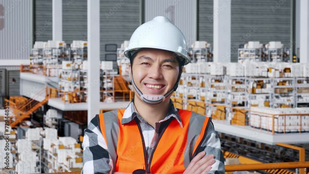 Close Up Of Asian Male Engineer With Safety Helmet Standing In The Warehouse With Shelves Full Of Delivery Goods. Crossing His Arms And Smiling To Camera In The Storage
Close Up Of Asian Male Engineer With Safety Helmet Standing In The Warehouse With Shelves Full Of Delivery Goods. Crossing His Arms And Smiling To Camera In The Storage