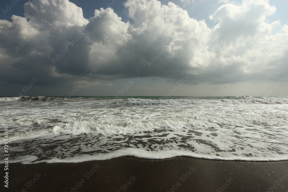 atmospheric landscape with foamy waves on the ocean shore