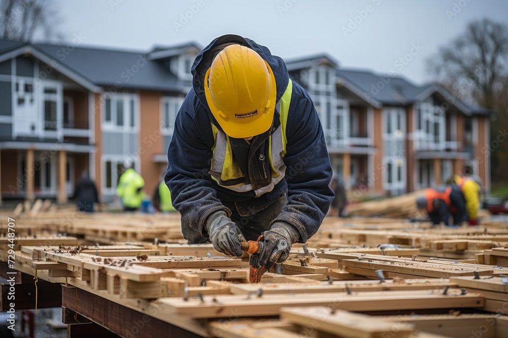 Skilled construction worker in yellow helmet building solid and sturdy frame houses Skilled construction worker in yellow helmet building solid and sturdy frame houses