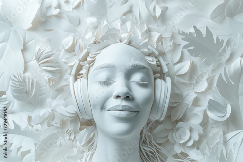 Head of a woman with headphones, paper cut art, white