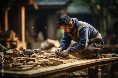 Talented carpenter showcasing meticulous craftsmanship in an outdoor woodworking endeavor © Nikolai