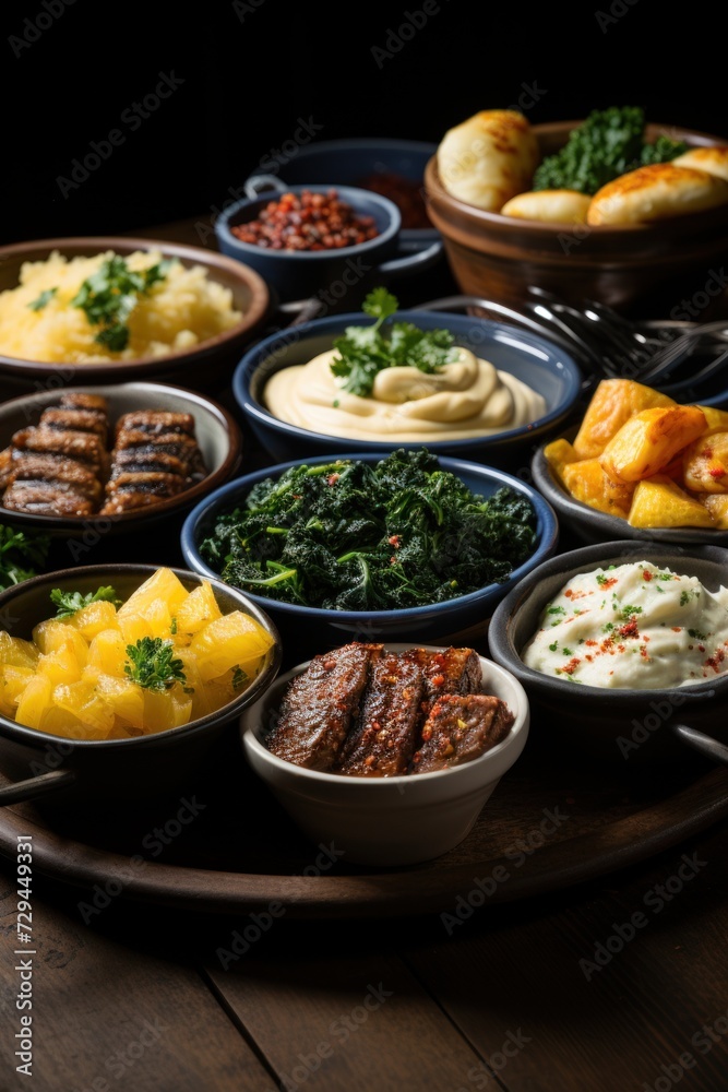 Various gourmet sides accompany succulent steak in a harmonious and appetizing arrangement Various gourmet sides accompany succulent steak in a harmonious and appetizing arrangement