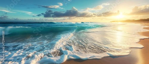 Turquoise ocean. Soft sand beach shore.