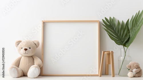 white rustic wooden blank frame mock-up on a white wooden baby shelve