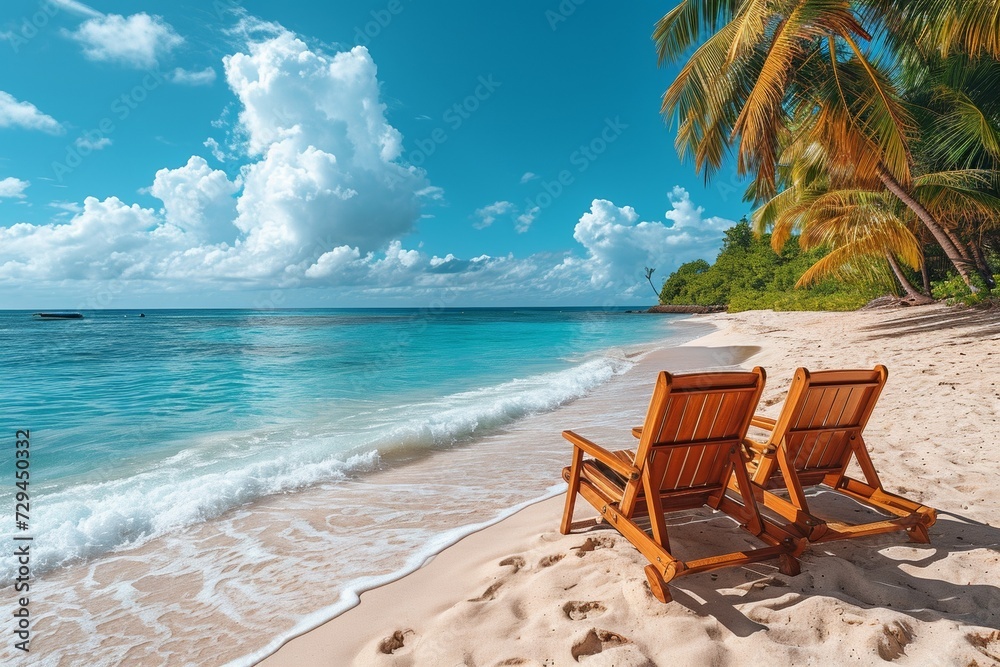 A tranquil beach scene with palm trees, turquoise water, and a pair of chairs.