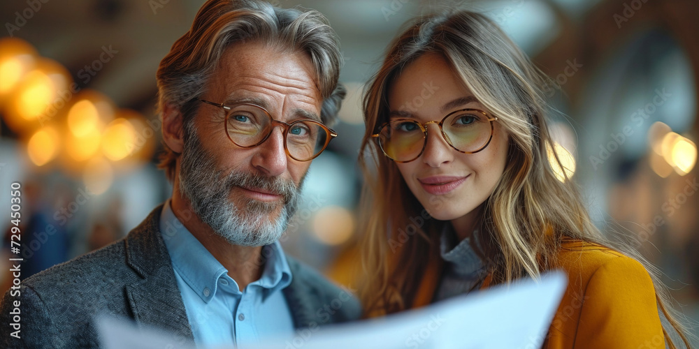 Obraz premium A businesswoman and businessman discussing paperwork in an office corridor, representing teamwork and success.