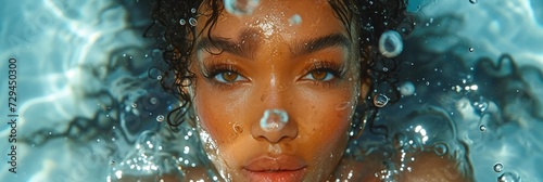 An alluring underwater portrait featuring a young African woman with fresh skin and captivating beauty.