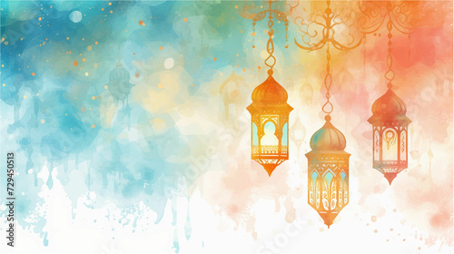 Arabic lanterns on watercolor background. Ramadan Kareem.