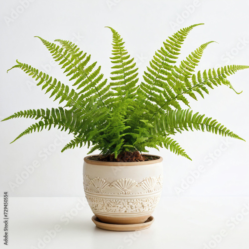 Illustration of potted queen fern plant white flower pot Nephrolepis exaltata isolated white background indoor plants
