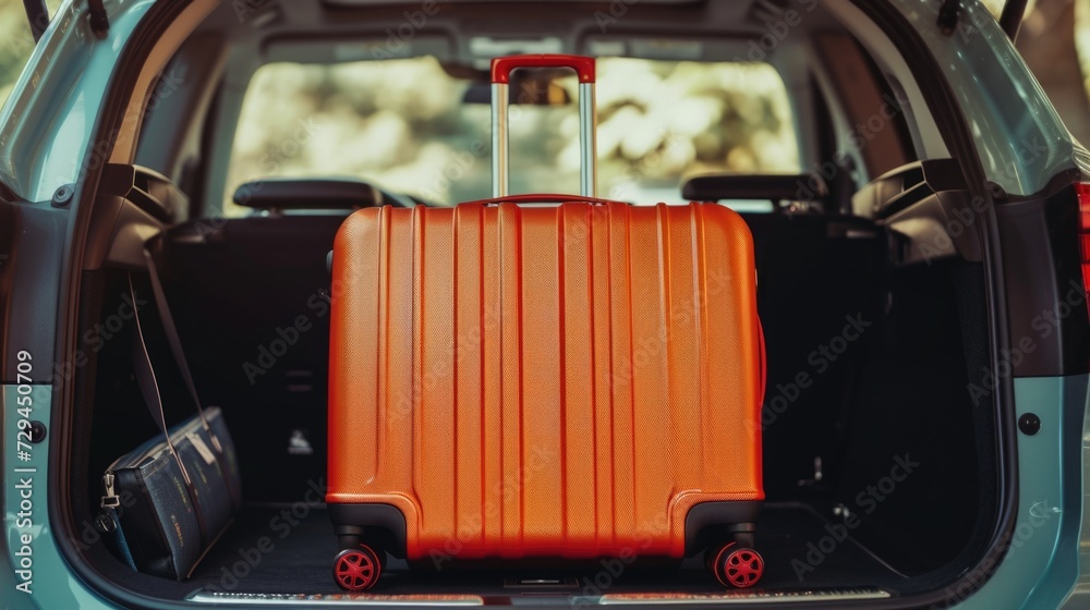 Suitcase in the trunk of a car, traveling by vehicle