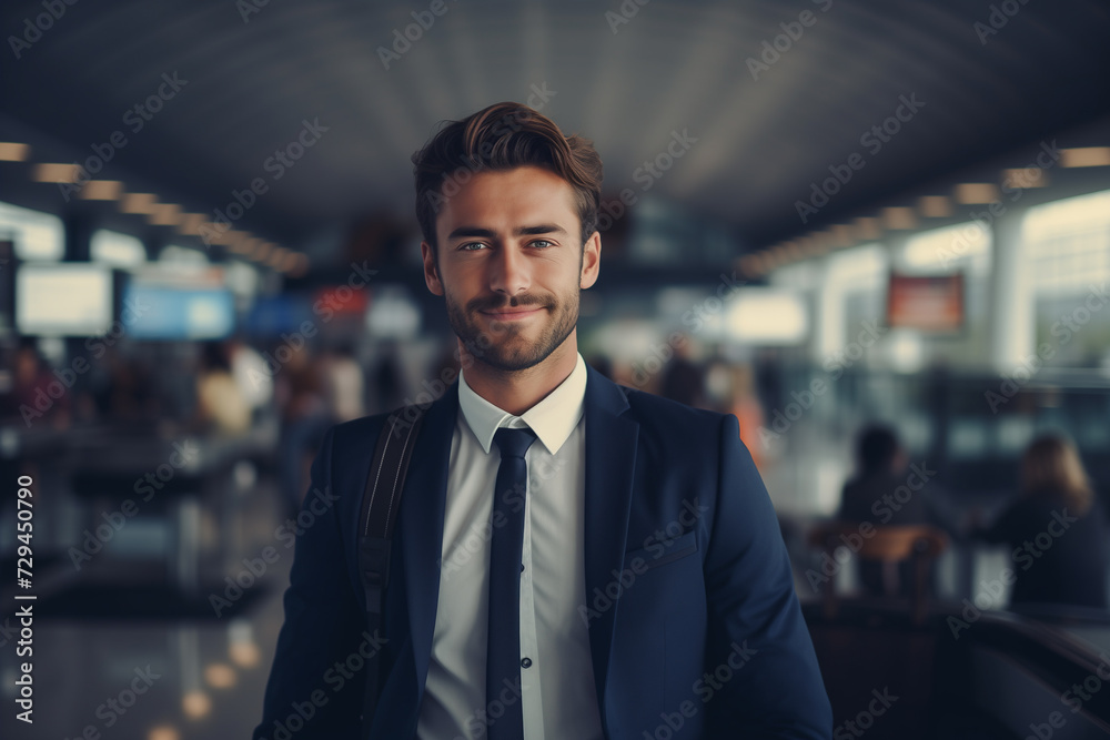 business man in an airport smiling forward in the air, in the style of light teal and light gray, long distance and deep distance, Generative Ai. business man in an airport smiling forward in the air, in the style of light teal and light gray, long distance and deep distance, Generative Ai.