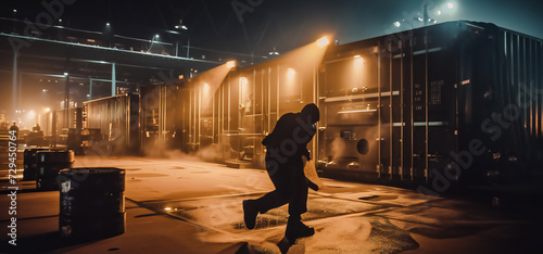 thief in a dark trying to still at industrial setting at night.