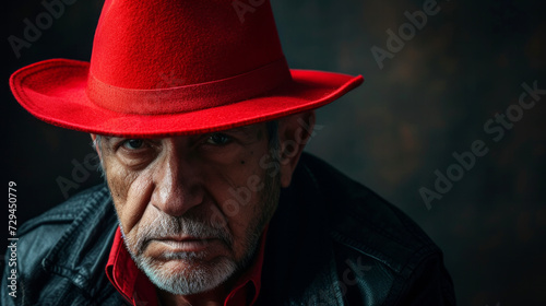 Cheerful confident senior man in a stylish red hat on a black background, studio. Elderly man in a red hat on a black background.