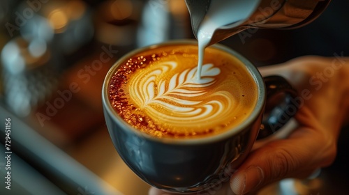 A close-up of a barista crafting latte art in a cozy, independent coffee shop, symbolizing artisanal skills 