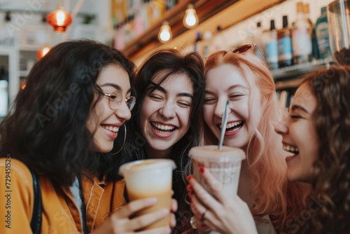 happy group of girl friends have fun at a coffee shop