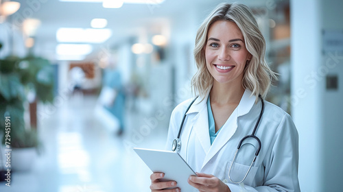Portrait of a young smiling female doctor in a white coat, with a stethoscope, standing in a hospital. Confident young female therapist takes notes on a tablet. Health and medical care concept photo