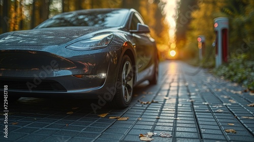 Sustainable Driving: Electric Vehicle Charges at Solar-Powered Station, Highlighting Eco-Friendly Technology