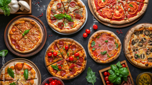 different pizza set for menu on the wooden table. Italian food traditional cuisine. Pizzas with salami, seafood, ham, bacon and olives, chicken and mushrooms and vegetarian, top view
