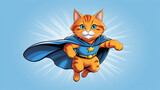 Superhero cat, cute orange tabby kitten in a blue cloak and mask jumps and flies on a blue background with copy space. Concept of superhero, super cat, leader, funny animal shot in studio.