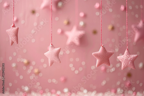 Birthday Background Pastel Peach Colours delicate powder pink Glitter Stars hang with soft caramel brown copy space 