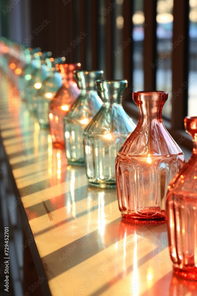 Minimalist solarized glass bottles in orange and light emerald with play of light and shadow Minimalist solarized glass bottles in orange and light emerald with play of light and shadow