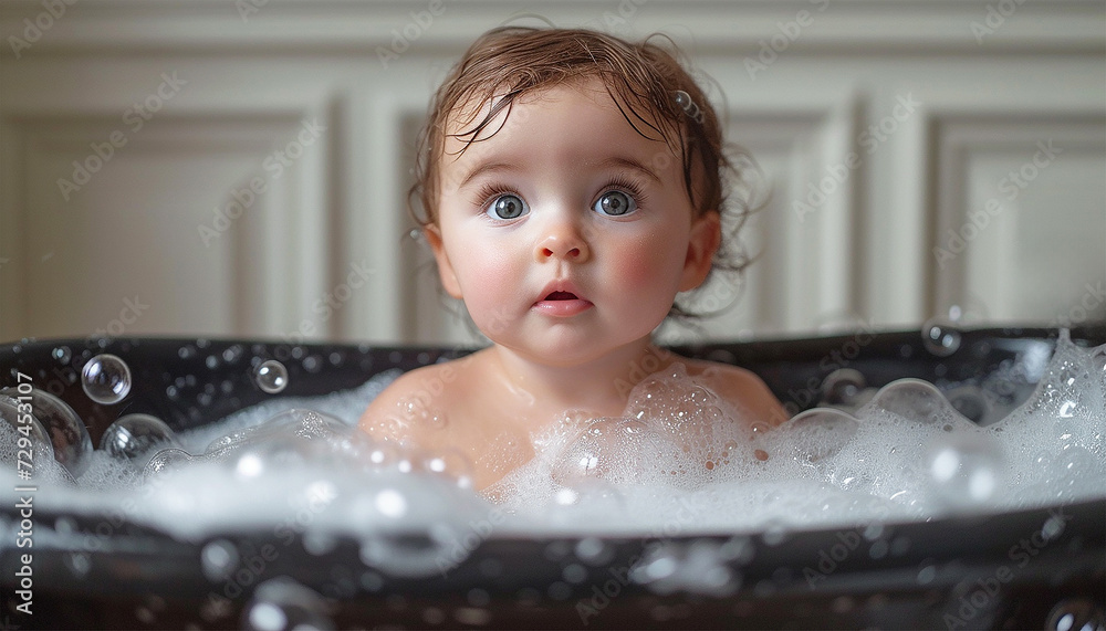 Cute little baby sitting in white bathtub with foam and soap bubbles. Taking bath and playing with toys. Baby hygiene. copy space Newborn child Cute little baby sitting in white bathtub with foam and soap bubbles. Taking bath and playing with toys. Baby hygiene. copy space Newborn child