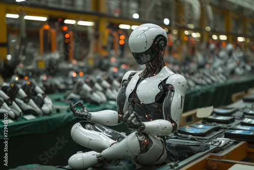 Anthropogenic robot meditates sitting in the lotus position on a conveyor line at the robot factory