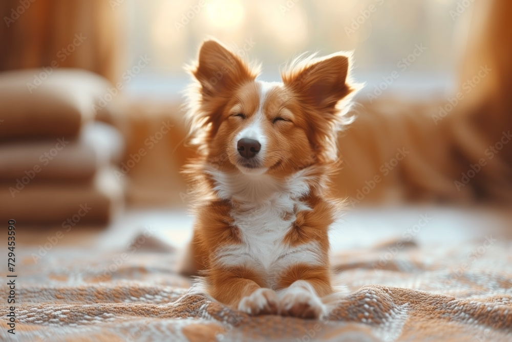 Cute red-haired pet dog is lying on the carpet in the living room Cute red-haired pet dog is lying on the carpet in the living room