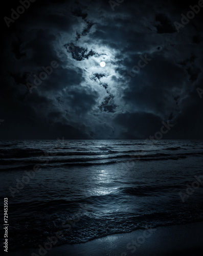 Moon over blue sea or ocean. Night view. A good background for the theme of travel  vacation  voyage.