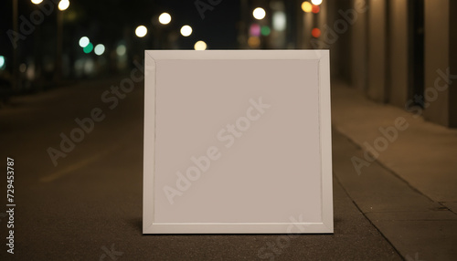 A Blank Picture frame sits on the night street with no people