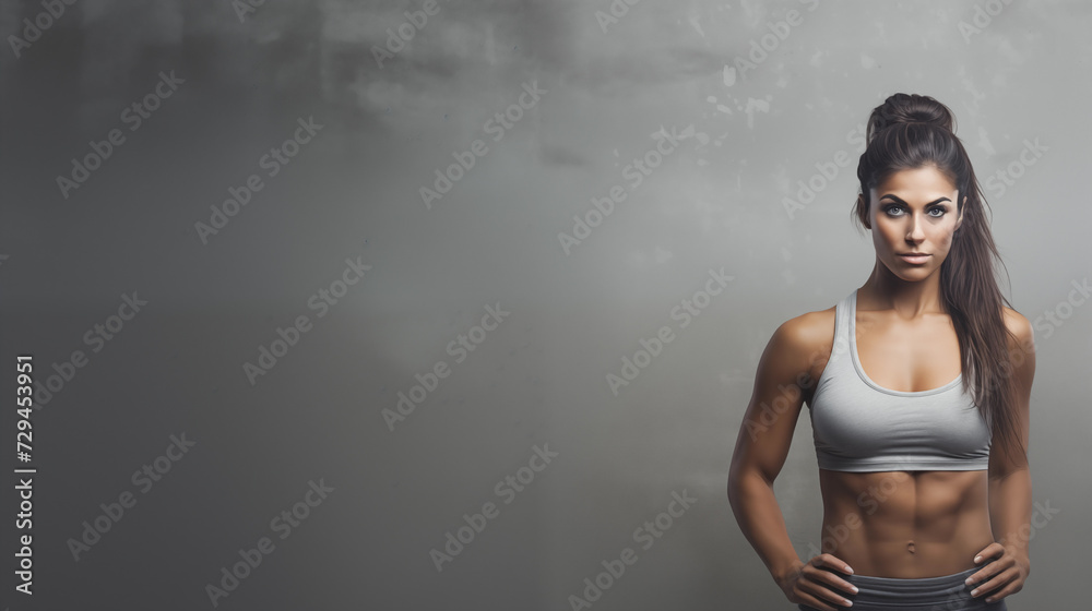 Obraz premium Young fitness girl posing on a grey background with negative space text. Gym, workout, exercise, healthy lifestyle, wellness.