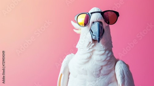 Closeup of white cockatoo parrot wearing sunglasses. Domestic pet bird, animal. Solid pink pastel background. Tropical summer vacation concept, web banner. Funny birthday party card, invitation