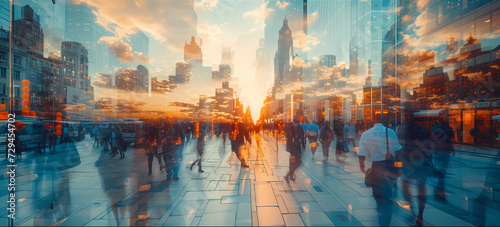 Amidst the towering skyscrapers, a group of individuals strolls along the bustling street, their reflections blending into the cloudy sky above, creating a living painting in the heart of the city photo