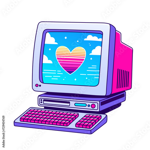 90s Valentines day card in flat style, line style. Hand drawn computer vector illustration. Patch, badge, emblem.