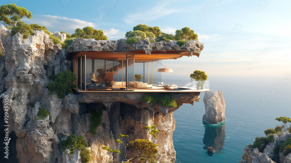 A cliffside residence suspended on stilts, its mirrored bottom ...