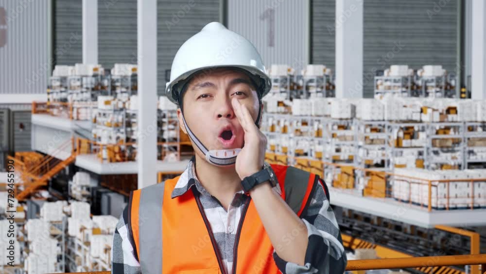 Close Up Of Asian Male Engineer With Safety Helmet Yelling With Hand Over Mouth While Standing In The Warehouse With Shelves Full Of Delivery Goods
Close Up Of Asian Male Engineer With Safety Helmet Yelling With Hand Over Mouth While Standing In The Warehouse With Shelves Full Of Delivery Goods
