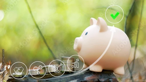 Concept of savings and investments .Saving money for future and retirement fund, business or finance and investment. Close-up piggy bank on nature background. Pension, Vacations, Currency, finance 4k photo