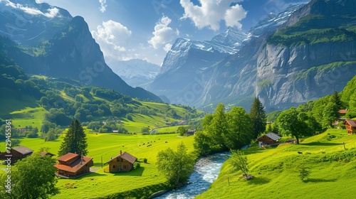 Beautiful Alps landscape with village, green fields, mountain river at sunny day. Swiss mountains at the background