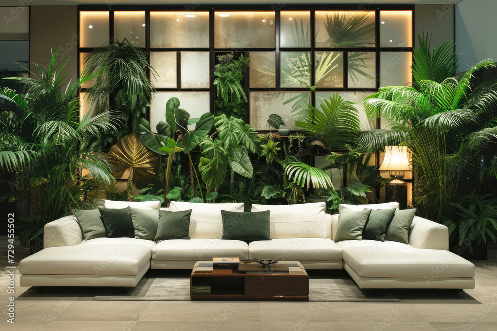 modern creative living room interior design backdrop ideas concept house beautiful background elevation of sofa with decorative photo paint frame full wall background, many tropical plants