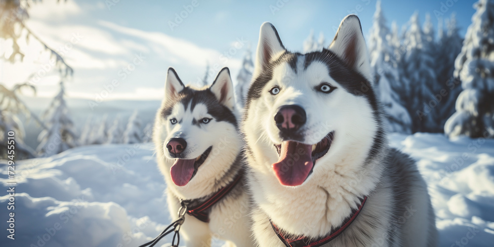 portrait of sled dogs (Siberian Husky) in a snowy winter landscape