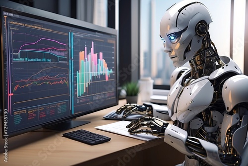 illustrations of data science in finance industry. AI robot assisting human for financial analysis 