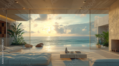 A coastal residence with a minimalist design  featuring sliding glass doors that open to panoramic views of the ocean. 